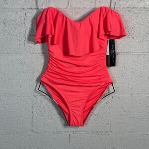 La Blanca Island Goddess Off-The-Shoulder 1 Piece Swimsuit Hot Coral 6 $130